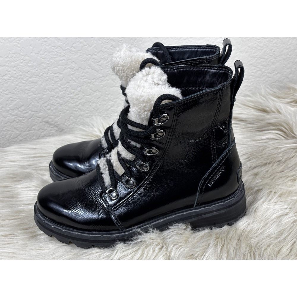 Sorel Lennox Lace Cozy Boots Womens 8 Black Waterproof Leather Shearling Combat